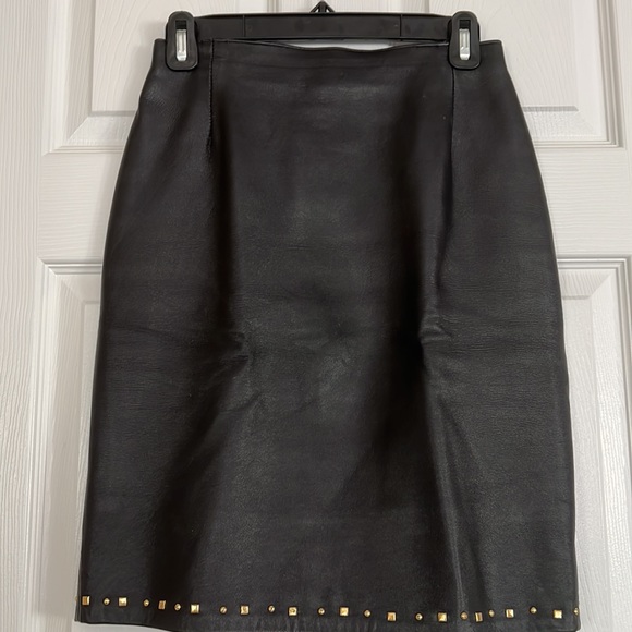 Vintage Black Genuine Leather 2pc  Studded Jacket And Skirt Size Small Petite - Picture 8 of 17